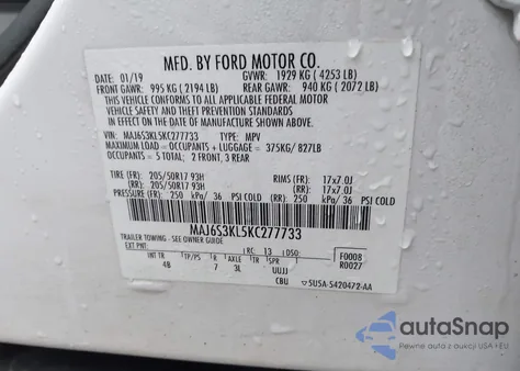 2019 Ford Ecosport Titanium z USA, uszkodzony, nr VIN MAJ6S3KL5KC277733